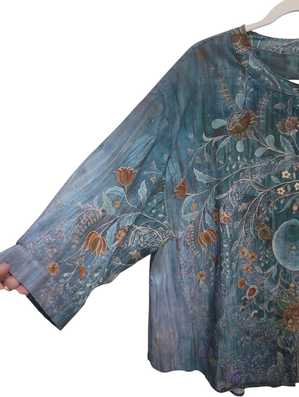 2XL Teal Floral Cotton Linen Button Front Artsy Boho Jacket Blouse Lagenlook - Picture 3 of 5